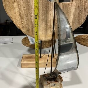 Vintage signed Metal marble stone sailboat boat figure- in great condition